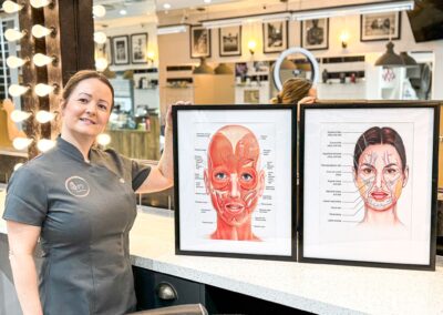 Image of woman holding medical pictures framed of the face and muscles